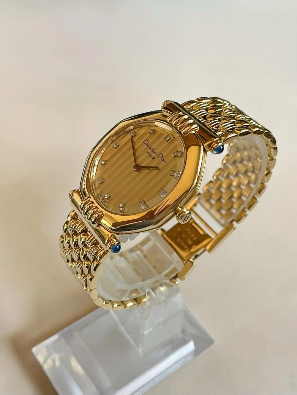 Vintage Christian Dior Octagon Gold Watch with Diamond Hour Marker Dial